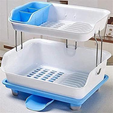 Imagem de U5GAAALPPQ9 Escorredor de pratos escorredor de pratos de camada dupla armazenamento de pratos prateleira de drenagem de secagem prateleira de cozinha suporte de utensílios de mesa para bancada de