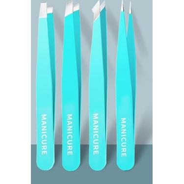 Imagem de Conjunto de 4 pinças para sobrancelhas e sobrancelhas pontiagudas para sobrancelhas, pelos faciais, pelos encravados, lascas, removedor de cravos e carrapatos, azul lago