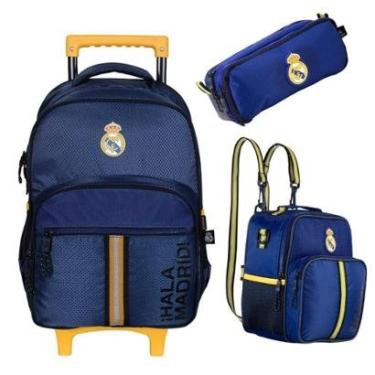Imagem de Kit Mochila Com Carrinho Futebol e Rodas mais Lancheira e Estojo Real Madri Original-Un...