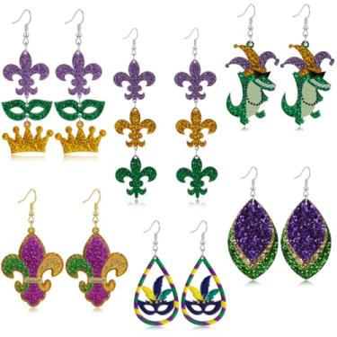 Imagem de Conjunto de brincos de carnaval para mulheres, 6 pares de brincos pendentes de ouro verde roxo com glitter, acessórios de festa de carnaval, Regular size, Acrílico, Sem pedra preciosa