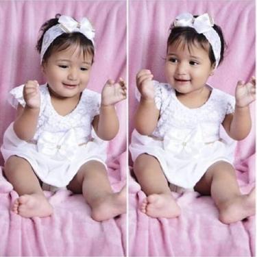 Imagem de Vestido Luxo RN à 05 Meses Renda Baby Com 4 Peças, Par Sapatinhos + Fa