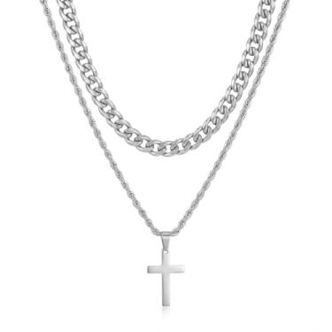 Imagem de Colar com cruz para homens, prata dourada, colar com cruz de aço inoxidável, pingente de cruz cubana, kit de joias simples, presentes para homens, One Size, Metal, Sem Pedra Preciosa