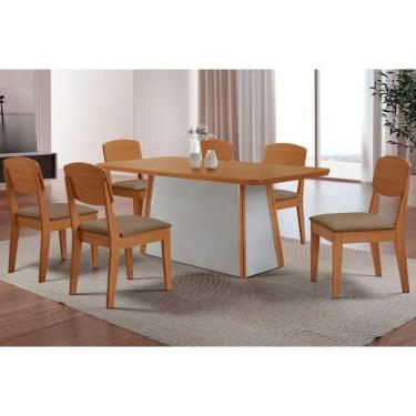 Imagem de Conjunto: Mesa de Cozinha Tilia c/ Tampo Madeirado Canto Curvo 180x90cm e 6 Cadeiras Havana Naturale/Off White - Suede Capuccino - Rufato