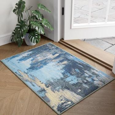 Imagem de ULTSOFE Tapete de entrada 5,5 x 7,5 cm, lavável, para sala de estar, cozinha, banheiro, lavanderia, berçário, cabeceira, piso fino, entrada interna, antiderrapante, pequeno, abstrato, acento, capacho