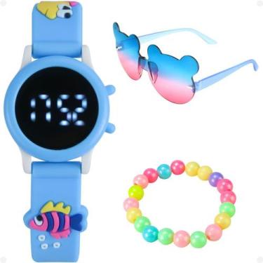 Imagem de relogio digital azul infantil menina + oculos sol + pulseira criança m