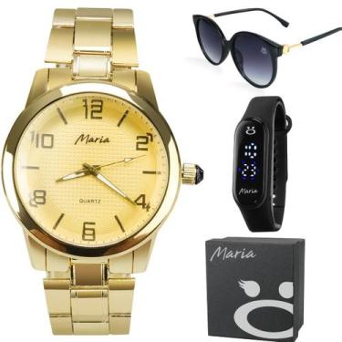 Imagem de relogio feminino banhado aço inox dourado + oculos de sol + caixa moda