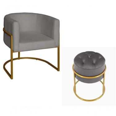Imagem de Kit Poltrona Decorativa Luxo Base De Metal Dourada E Puff Capitone Suede Prata Eli Móveis E Decoração