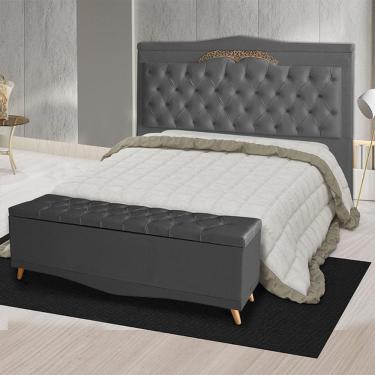Imagem de Kit Cabeceira De Cama Box E Calçadeira Baú Madri Casal 140 Cm Suede Grafite Eli Móveis E Decoração