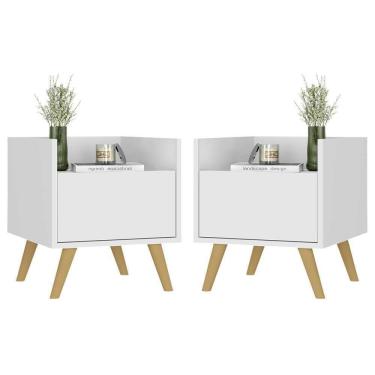 Imagem de Kit Com 2 Mesas De Cabeceira 40 Cm Com Pés Retrô Multimóveis Mp4044 Branca/Natural