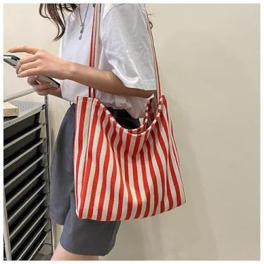 Imagem de Bolsa casual estilo coreano grande capacidade de armazenamento de ombro de lona listrada moda feminina supermercado sacola de compras atacado