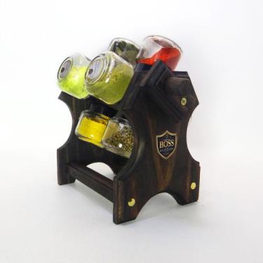 Imagem de Porta temperos em Madeira com manivela e 8 potes  cor Rustico - B0ss A