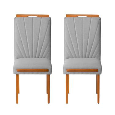 Imagem de Kit 2 Cadeiras Estofadas de Jantar Lótus - MDF em Linho Pés em Madeira Eucalipto - Vintage Decor
