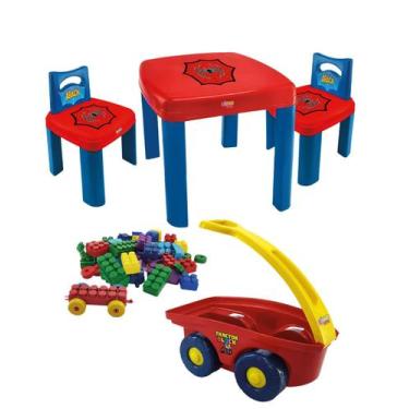 Imagem de Kit Infantil Mesa Homem Aranha 2 Cadeiras + Carrinho Com Blocos de Mon
