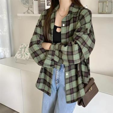 Imagem de Camisa De Flanela Oversized Com Estampa Xadrez Tartan Para Mulheres, M