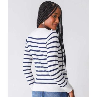 Imagem de Suéter Feminino Listrado Gola V Marisa Off White-52107, Off white, P