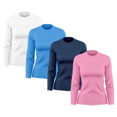 Imagem de Kit 4 Camisetas Feminina Manga Longa Dry Fit Básica Lisa Proteção Sola