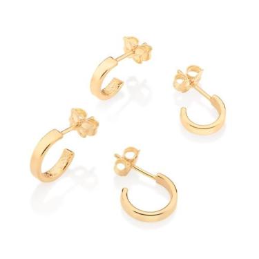 Imagem de Kit 2 Pares de Brinco Rommanel meia argola folheado a ouro 18k 1,1cm -
