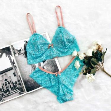 Imagem de Conjunto Feminino Rendado Bicolor Lingerie Sexy Sem Bojo Com Forro Est