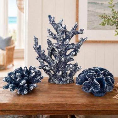 Imagem de Kit 3 Corais Decorativos Resina Azul Escuro Náutico Praia Coral