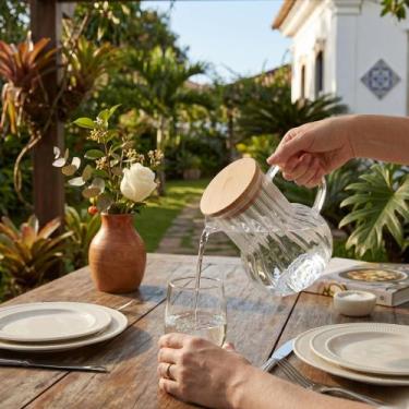 Imagem de Jarra Vidro Borossilicato Tampa Bambu Água Suco Chá Canelado 620ml Mes