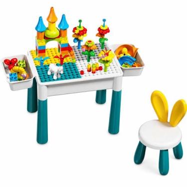 Imagem de Mesinha Infantil Funcional Didática com Banquinho e Blocos de Montar -