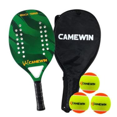 Imagem de Raquete Beach Tennis Camewin Fibra de Carbono + 3 Bolinhas, Verde mili