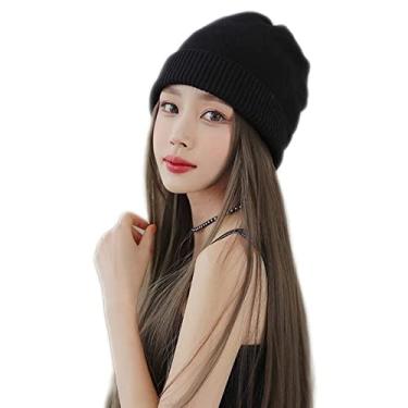 Imagem de Peruca de cabelo longo feminino peruca chapéu de lã com peruca cabelo liso longo