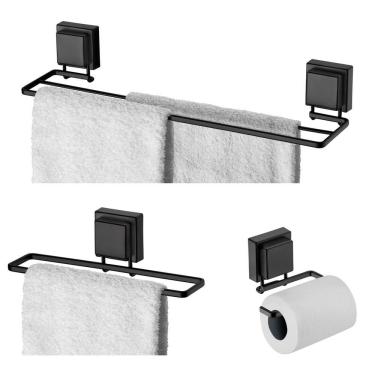 Imagem de Kit Toalheiro Duplo 45cm Porta Toalha 25cm Suporte Papel Higiênico Ventosa Banheiro Preto Fosco - Future