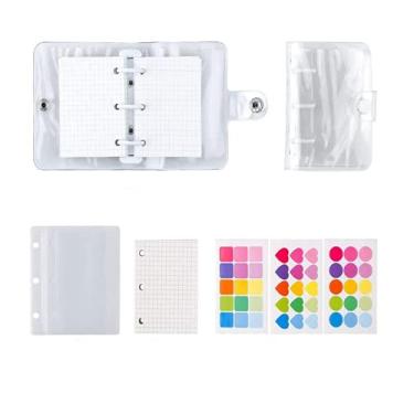 Imagem de Mini bolsos para fichário, conjunto de acessórios recarregáveis para notebook com 3 furos, caderno transparente de PVC solto, incluindo 70 páginas de grade interna + 2 sacos de armazenamento + 12 cartões de papel + 45 abas para notas + 1 capa (branco)