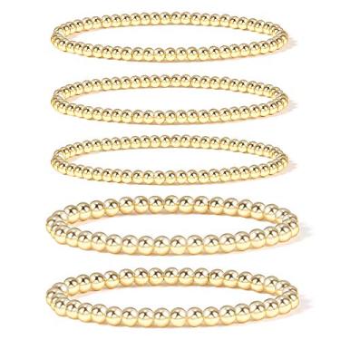 Imagem de Badu Pulseira feminina banhada a ouro 14 K com contas de ouro, elástica, hipoalergênica, boêmia empilhável, 7 inch, Zinco, Sem Pedra Preciosa