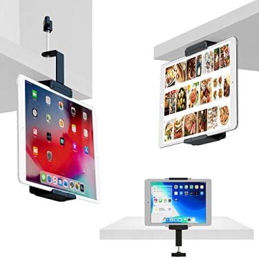 Imagem de Suporte universal para armário de cozinha, suporte para telefone TFY e suporte para tablet com grampo para prateleira de mesa compatível com iPad Pro Air Mini, iPhone, Galaxy Tabs, mais tablets de 17,7 cm a 26,5 cm e telefones de 12,7 cm a 16,5 cm