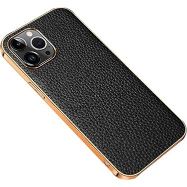 Imagem de RAYESS Capa para iPhone 14/14 Plus/14 Pro/14 Pro Max, couro genuíno fino flexível chapeado TPU capa traseira com capa de telefone de proteção de câmera (Cor: Preto, Tamanho: 14Pro)