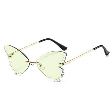 Imagem de Óculos de sol de olho de gato de borboleta de cristal sem aro para mulheres Óculos de sol de liga leve feminino Strass Tons de festa, chá transparente dourado, com estojo