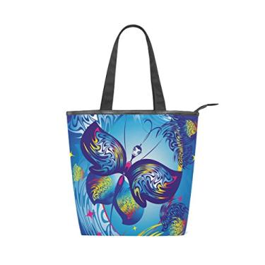 Imagem de Bolsa feminina de lona durável borboleta azul grande capacidade sacola de compras bolsa de ombro