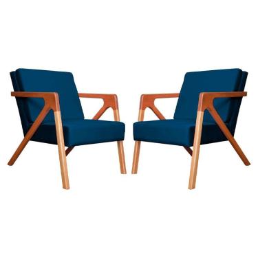 Imagem de Conjunto 2 Poltronas Monalisa Com Braços de Madeira Veludo Azul Marinho - LM DECOR
