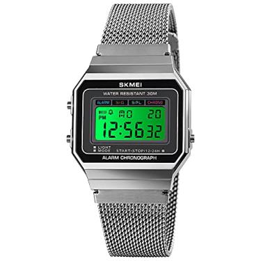 Imagem de Relógio esportivo clássico unissex feminino digital multifuncional pulseira de aço inoxidável quadrado à prova d'água relógio eletrônico LED, Malha prata, Medium, Digital