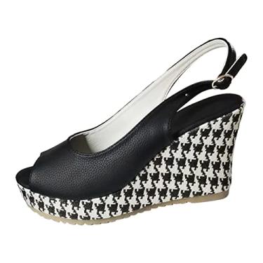 Imagem de Sandálias planas femininas moda verão couro bico aberto fivela mil pássaros xadrez sandálias de salto grosso impresso (preto, 9)