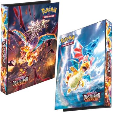 Imagem de Pasta Fichário Álbum Pokémon Escarlate e Violeta Obsidiana em Chamas Chaℜizarɗ Dragonite 4 Argolas Capa Dura com 10 folhas 9 bolsos para Cards Cartas