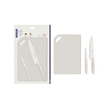 Imagem de Conjunto de Facas e Tábua de Corte Tramontina Plenus em Aço Inoxidável - Off-White - 3 Peças
