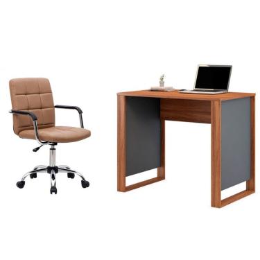 Imagem de Conjunto de Mesa Morada Amendola e Grafito com Cadeira de Escritório Secretária Giratória Fitz Marrom