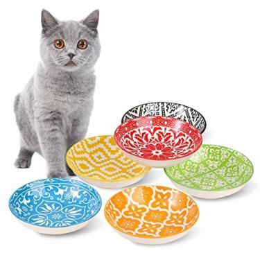 Imagem de Conjunto de tigelas de cerâmica para gatos – Tigela larga e rasa para gatos para alívio da fadiga do bigode – Tigelas coloridas para alimentação de gatos – Prato plano para gatos – Pratos para gatos – Adequado para micro-ondas e lava-louças – 241 g – 14,6 cm – Conjunto de 6
