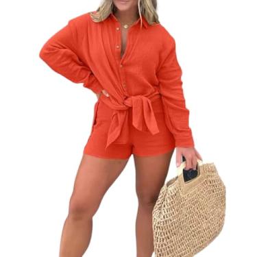 Imagem de Conjunto de macacão Barcelona Breeze, camisa longa de crepe de camada dupla + shorts, saída de praia de linho com fenda, conjuntos curtos (Orange,4X-Large)