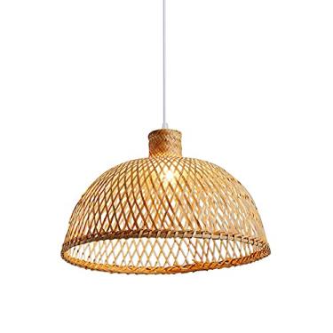 Imagem de E27 estilo chinês tecido à mão luminária pendente de bambu decoração luminária de teto de bambu com cabo ajustável retrô fazenda luminárias suspensas, luminária bege (tamanho: 40 * 30 cm) Warm life