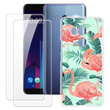 Imagem de MILEGOO Capa HTC U11 Plus + 2 peças protetoras de tela de vidro temperado, capa de TPU de silicone macio à prova de choque para HTC U11+ (6 polegadas) Flamingo