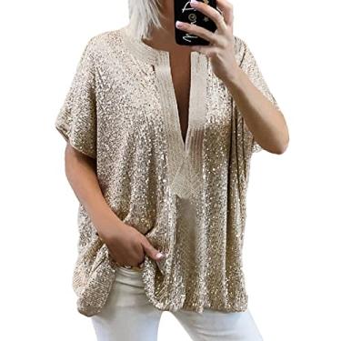 Imagem de Blusas femininas de lantejoulas para sair, blusas sensuais de manga curta de verão, de algodão, camisas soltas, túnica de festa, Dourado, 3G