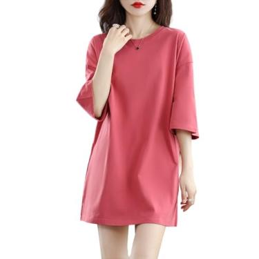 Imagem de Ailaile Camisetas femininas longas de verão, casuais, soltas, meia manga, gola redonda, 100% algodão, Vermelho coral, G