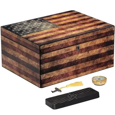 Imagem de Umidor Supreme Old Glory com design de bandeira americana envelhecida | Armazenamento de charutos de mesa com bandeja e divisórias de cedro espanhol | Caixa de charutos com umidificador e higrômetro