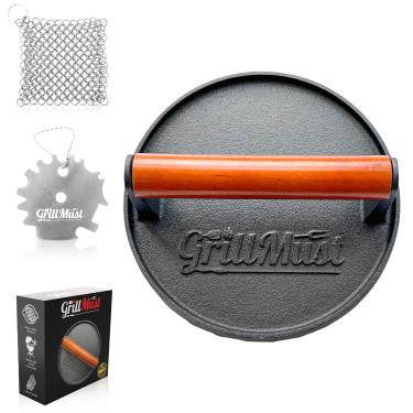 Imagem de GrillMust Conjunto de prensa de bacon premium para hambúrguer de grelha: prensa de carne de 17 cm ferro fundido para bacon grelhado perfeitamente | Conjunto de ferro fundido para hambúrguer inclui