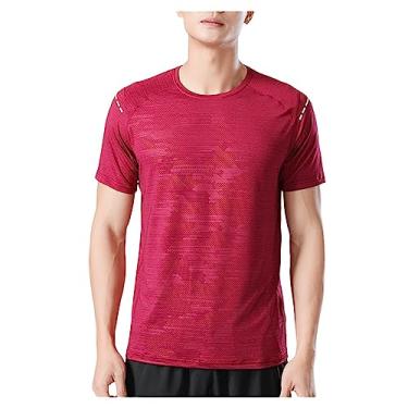 Imagem de Camiseta masculina atlética manga curta gola redonda de secagem rápida, lisa, elástica, leve, Vermelho, M