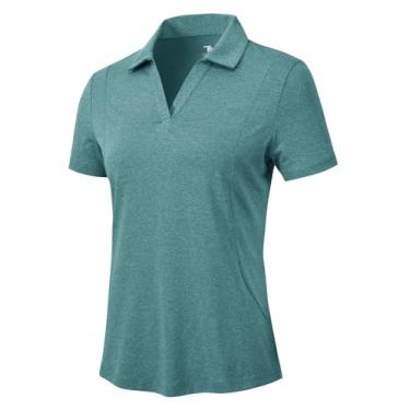 Imagem de YSENTO Camisetas femininas de golfe com gola V e gola em V, proteção solar FPS 50+, manga curta, polo, Jeans azul, GG
